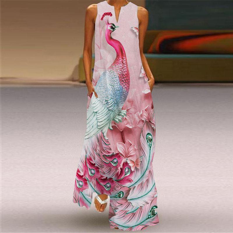 Dress Women 3D Print Peacock Dragon Big Elephant Horse Tiger Lion Animal Pattern Sleeveless Maxi Dress