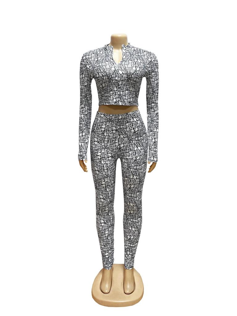 European & American Women's Spring/Autumn Half-High Collar Zipper Cropped Top with Long Sleeve & High-Waisted Pants Two-Piece Set