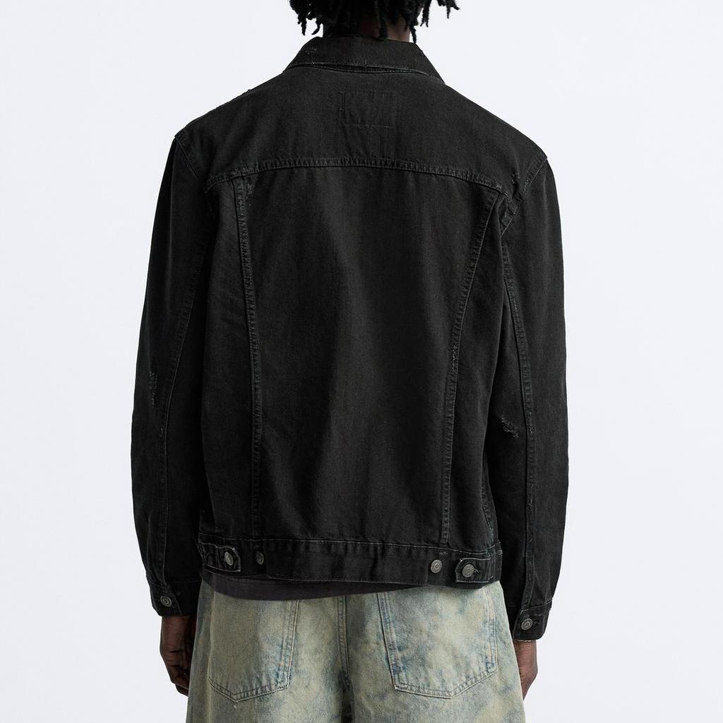 Zara Casual Ripped Lapel Long Sleeve Denim Jacket Men jackets Black 1538470-800