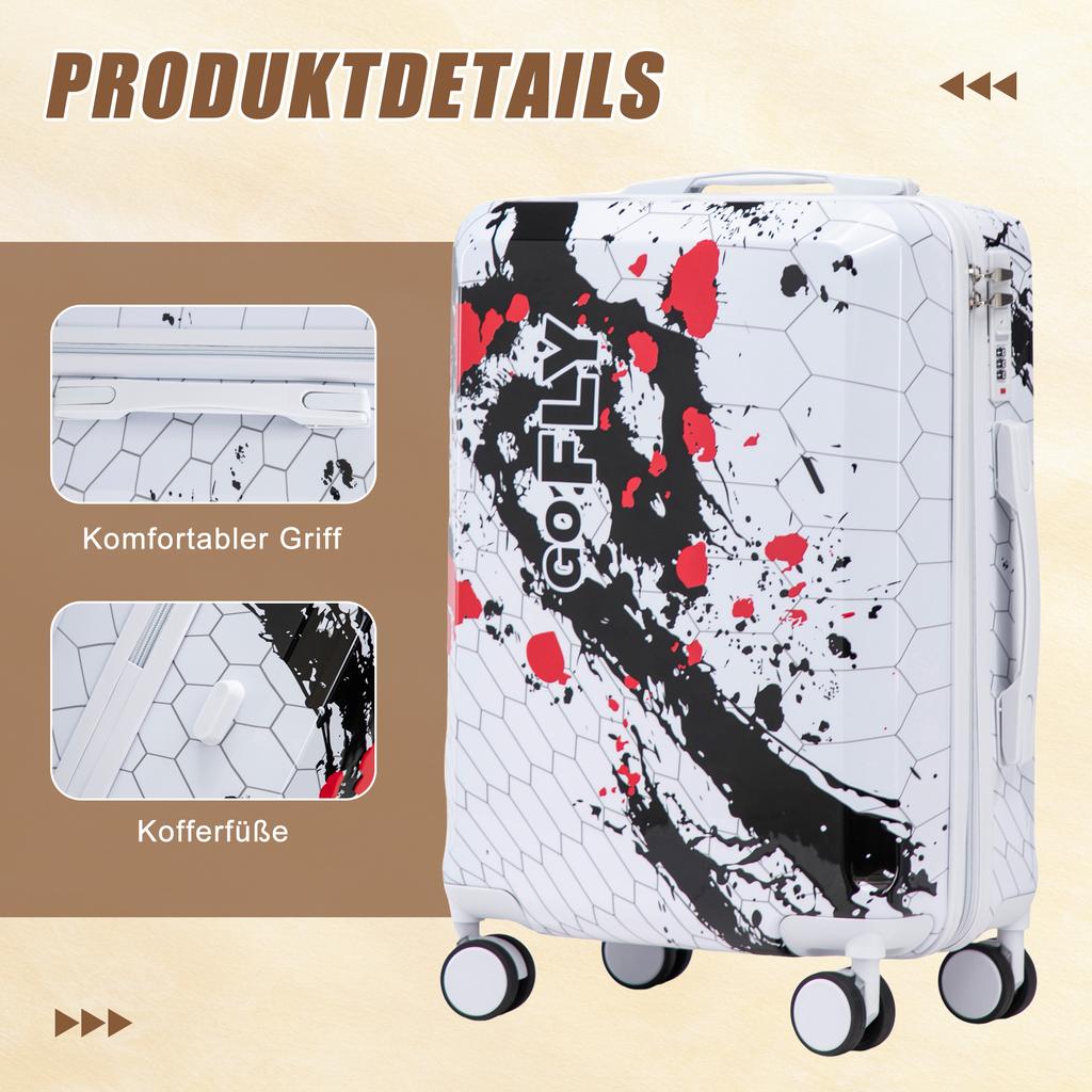 20-Inch PC Spinner Wheel Suitcase, Carry-On Suitcase, with Printed Pattern and Combination Lock (Black)