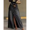 Washed Denim Maxi Skirt High Waist Asymmetric Front Slit Long Jean Skirt Irregular Patch Women Casual Split Denim Long Skirt