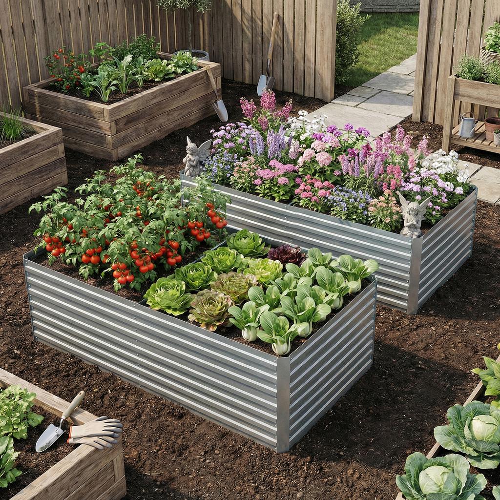 Set of 2 Galvanized Raised Garden Beds, 180 x 90 x 60 cm Metal Raised Beds with Safety Edge, Silver
