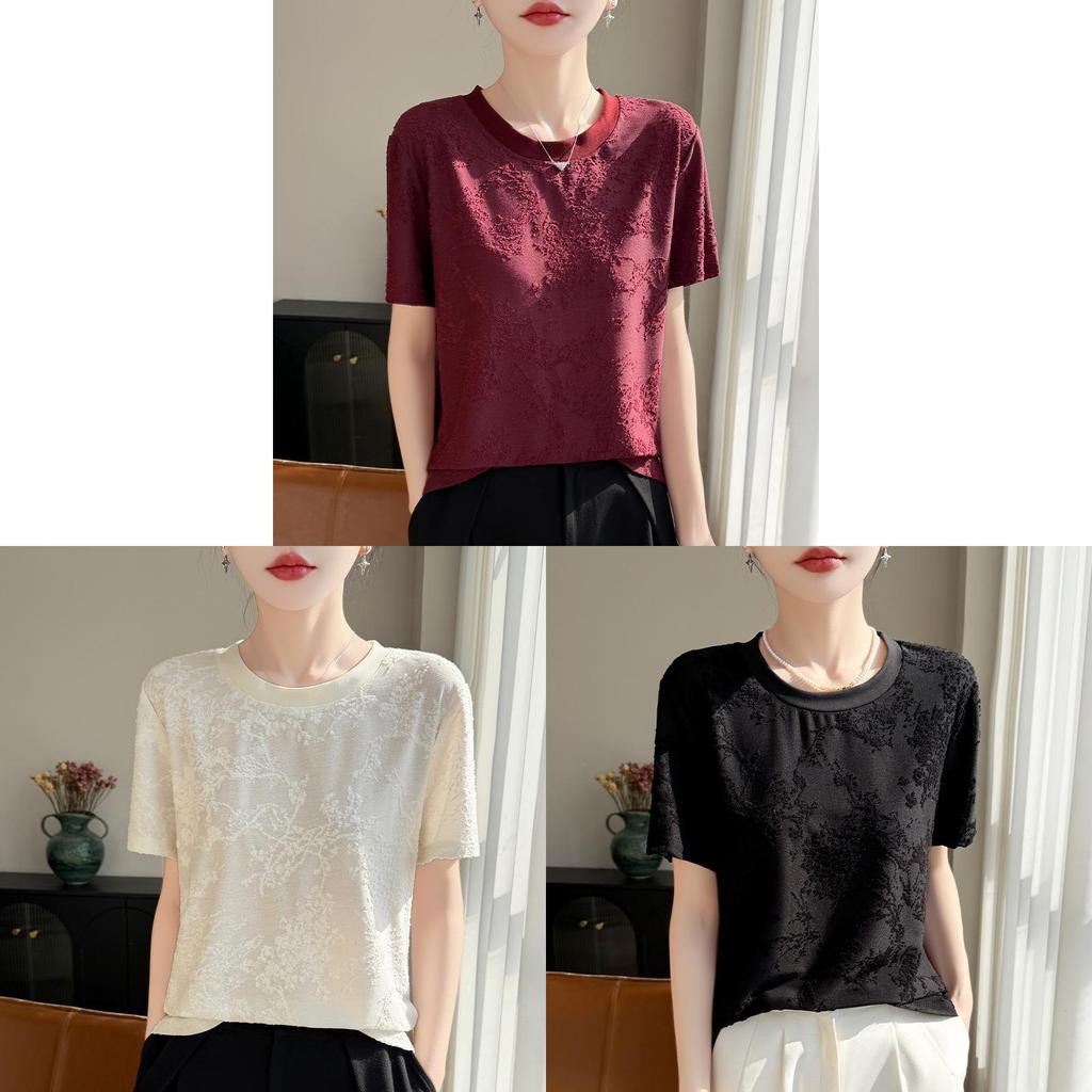 Silk Short Sleeve T Shirt With Jacquard Weaving For Casual Wear