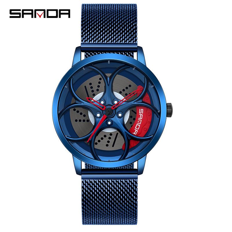 Sanda Men's Fashion Quartz Watch, Mesh Strap, Waterproof, Outdoor Casual, Hollow Wheel Dial.