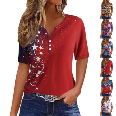 Women's T Shirt  Print Button Short Sleeve Daily Weekend Fashion Basic V- Neck Regular Top