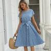 Women Spring Summer Short Sleeve Flower Print Lace Up Pleated Midi Dress Green Blue