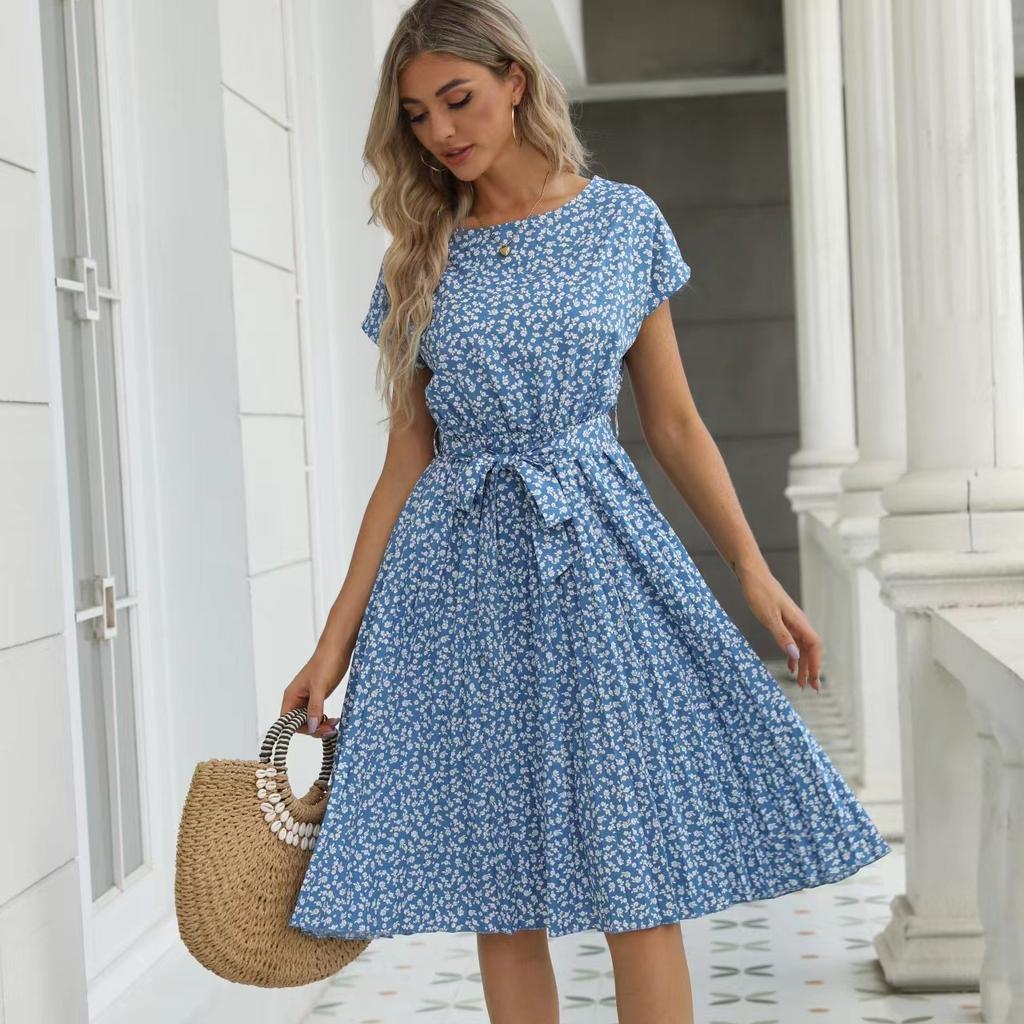 Women Spring Summer Short Sleeve Flower Print Lace Up Pleated Midi Dress Green Blue