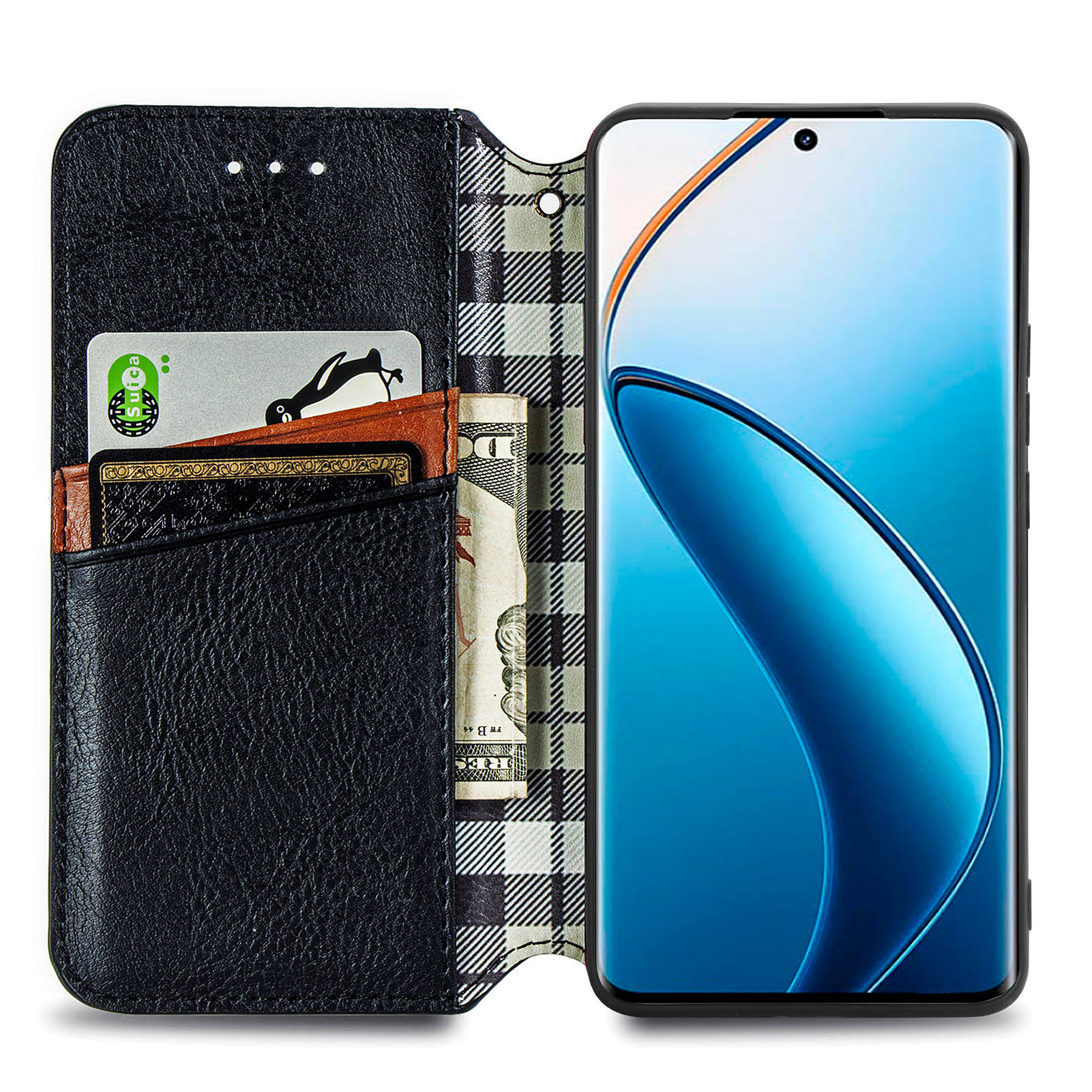 

For Realme 12 4G/12+ 5G PU Leather Case Rhombus Imprint Wallet Stand Phone Cover Black