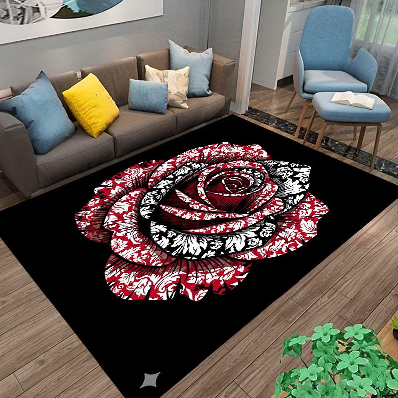 Red and Black Rose Pattern Carpet Non-slip Rug Suitable for Living Room and Bedroom Sofas