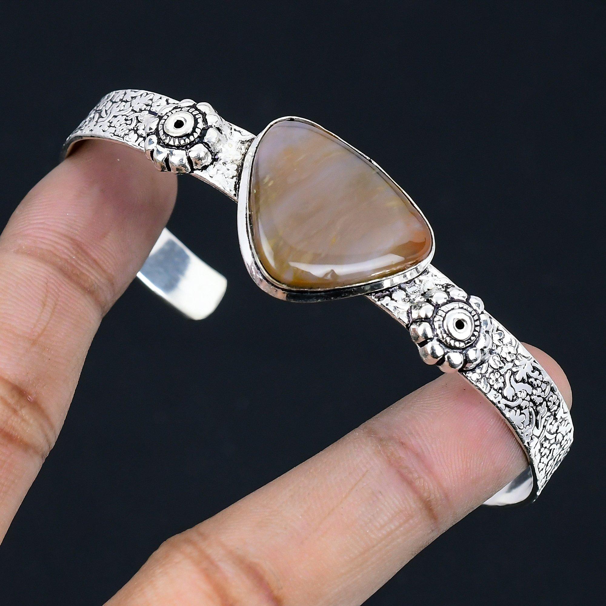 

Trillion Plume Agate Stone 925 Sterling Silver Engagement Birthday New Bangle Adjustable