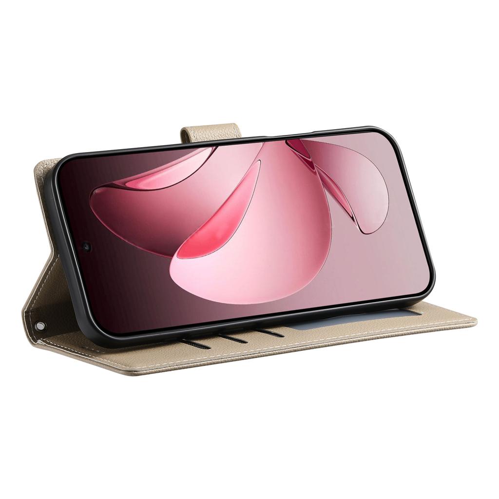 For Oppo Reno14 F 5G Case Magnetic Snap Litchi Texture Leather Wallet Phone Cover with Wrist Strap