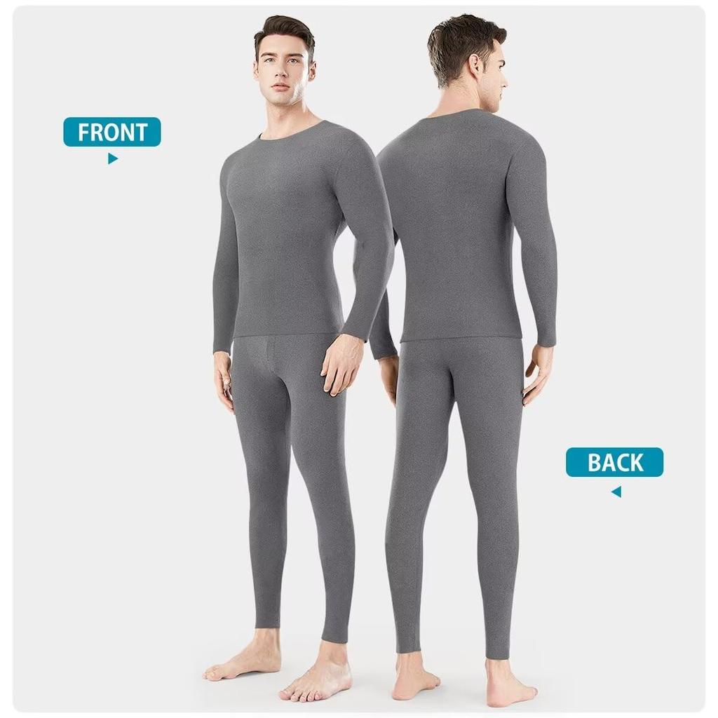 Nesseo Warm Underwear Brushed Long Sleeve and for Winter Men's Set, Double-Sided Fleece, Shirt, Underpants, Lightweight, Wear, 1137M-set-bb-lgr-2XL