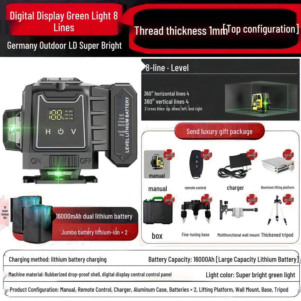 12-Line High-Precision Green Laser Level, Wall/Floor-Mounted, Automatic Leveling for Indoor/Outdoor Use