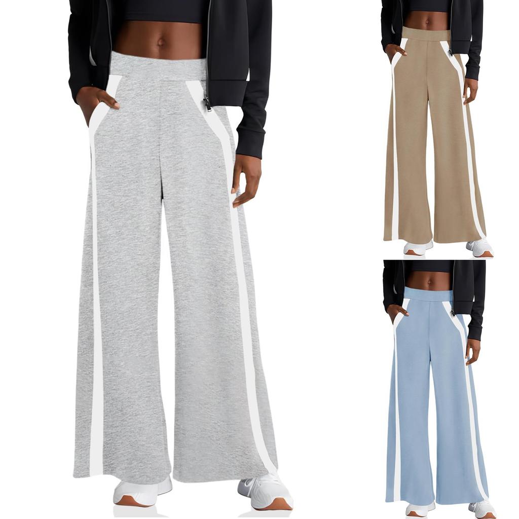 Women Elastic High Waist  Casual Active Fit Wide Long Leg Pants Trousers With Pockets