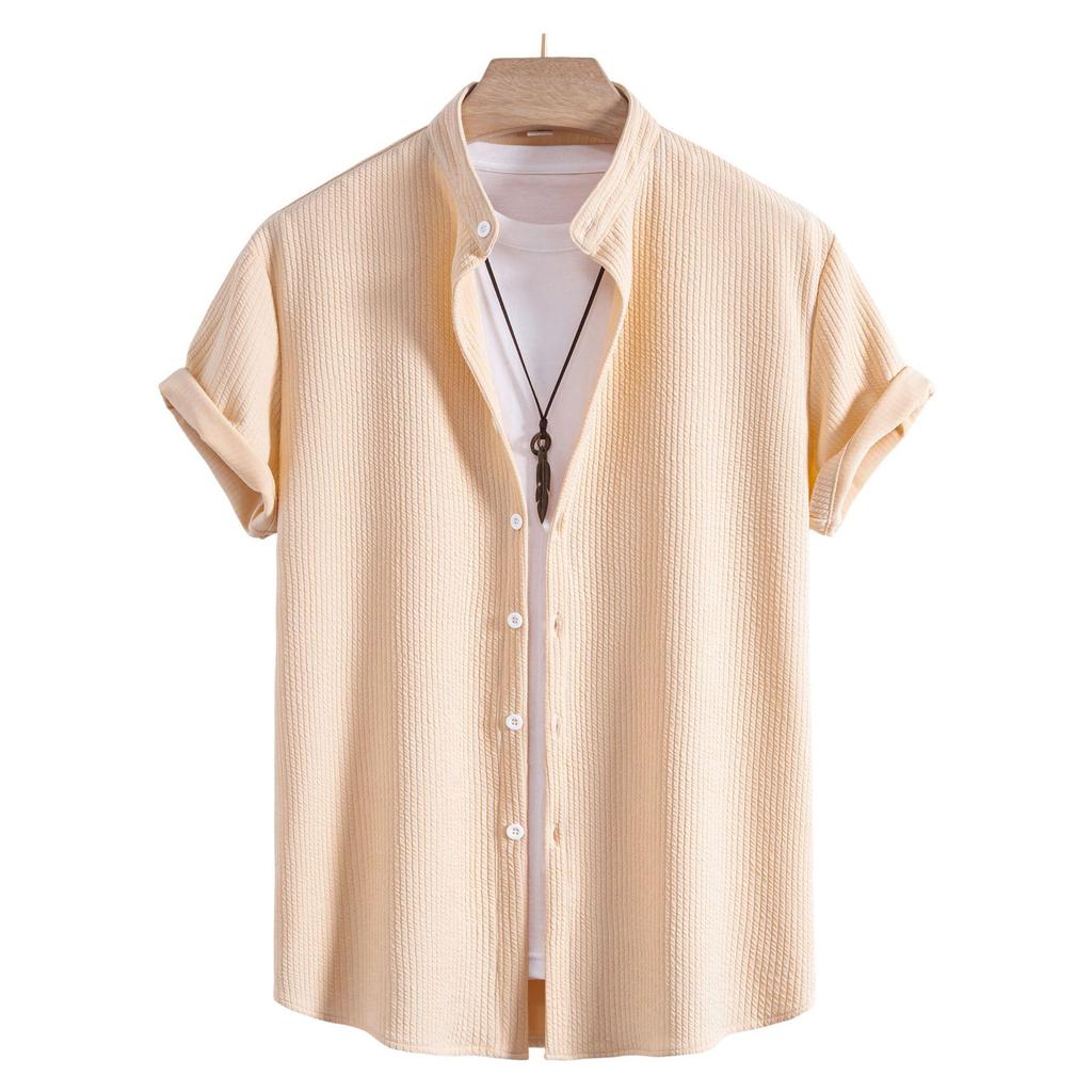 2025 Men's Solid Color Short Sleeve Lapel Shirt - European & American Casual