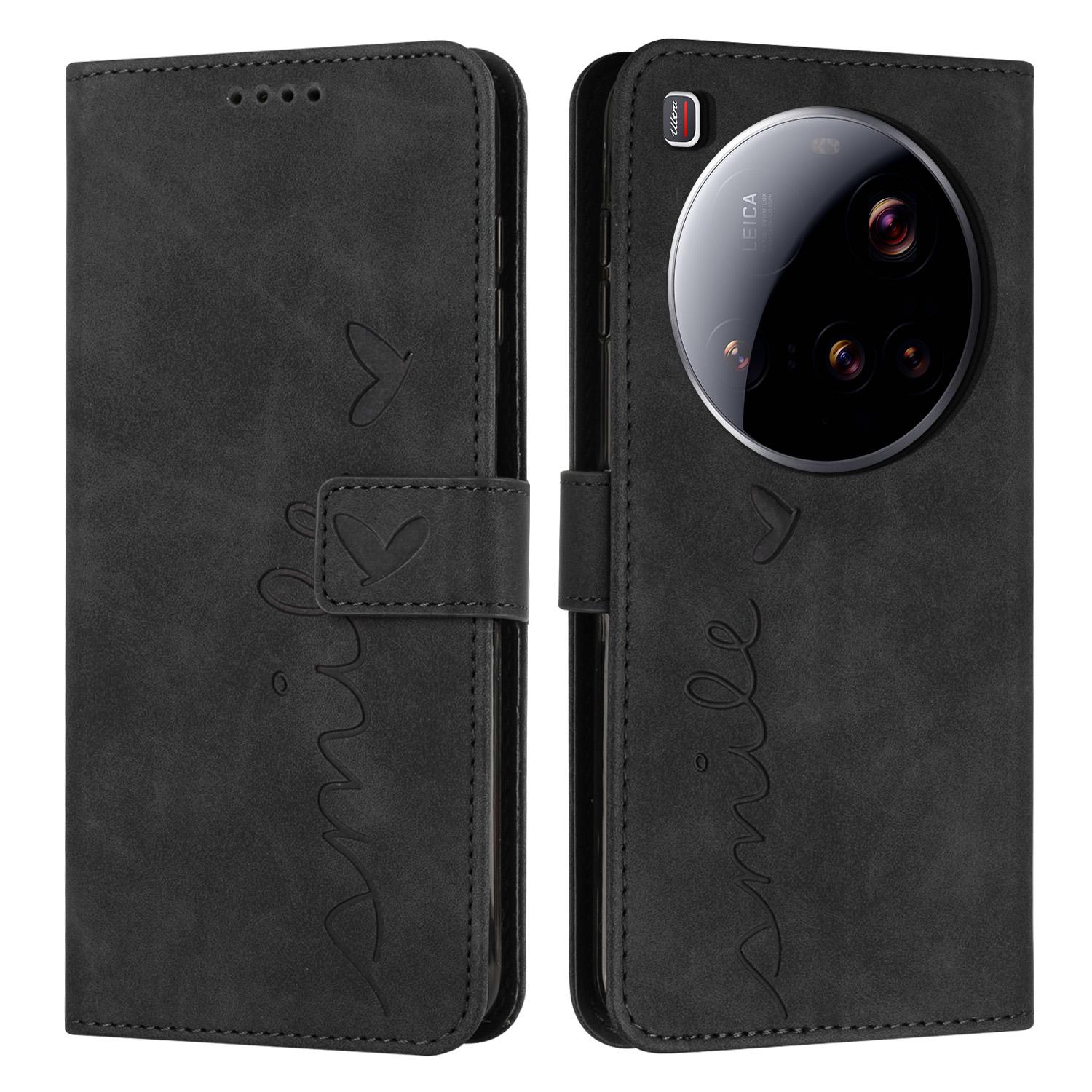 

For Xiaomi 15 Ultra Case Viewing Stand PU Leather Phone Cover Imprinted Heart Pattern Black