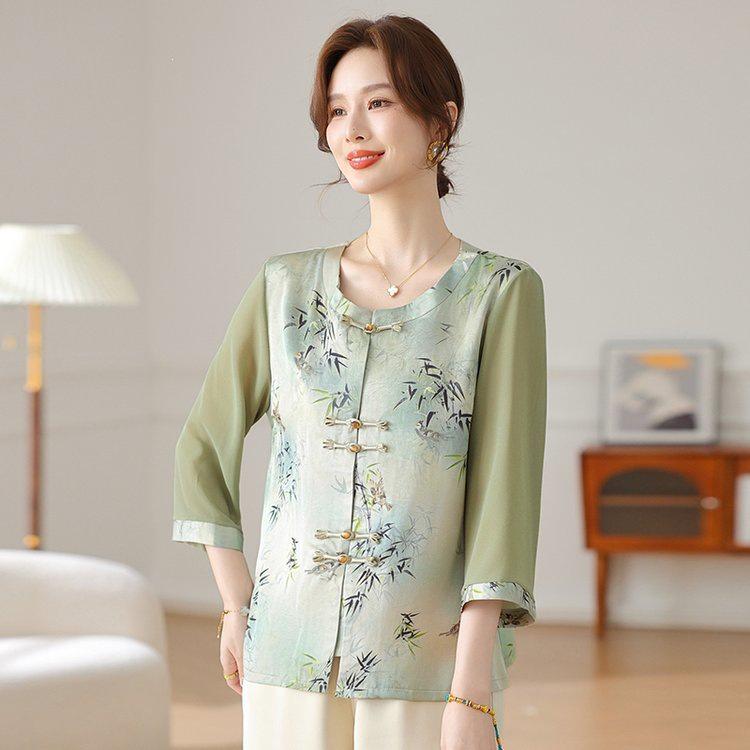 Mom's Chiffon Blouse - New Chinese Style Three-Quarter Sleeve Top for Middle-Aged & Elderly Women