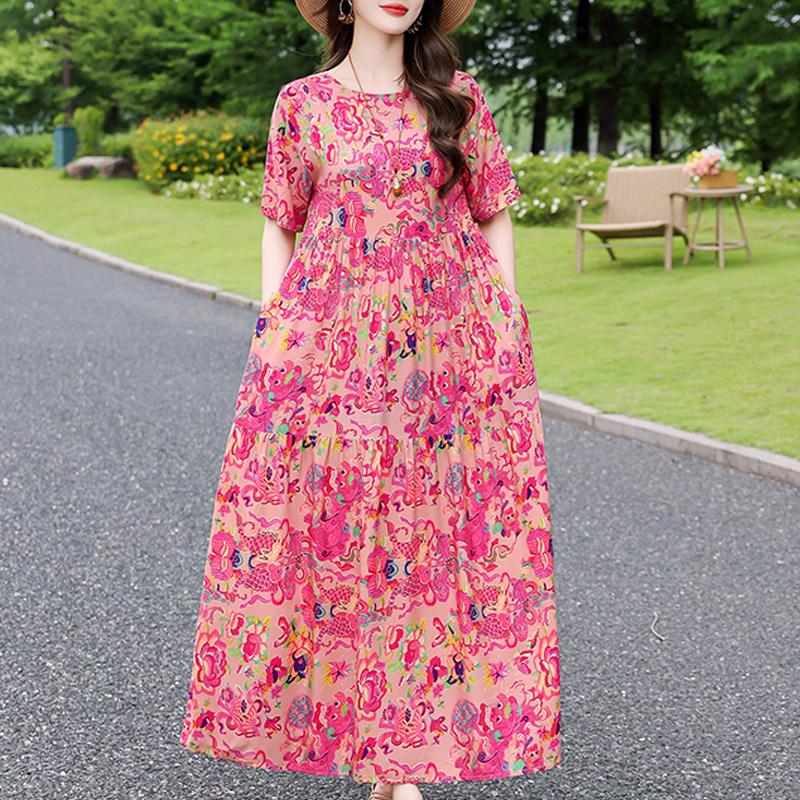 Elegantes Sommerkleid für Damen, Vintage-Kleidung, Übergröße, lässig, kurzärmelig, lange Kleider