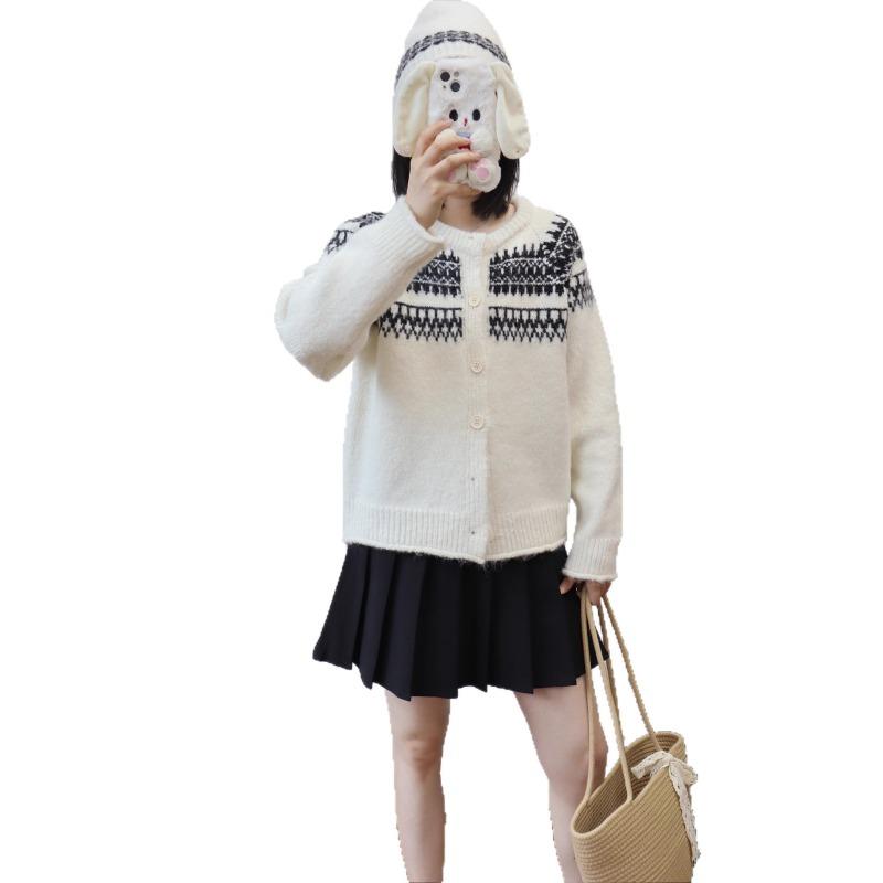 Autumn and Winter New with Hat Fair Island Jacquard Knitted Cardigan Design Sense Loose Soft Waxy Sweater Jacket Women
