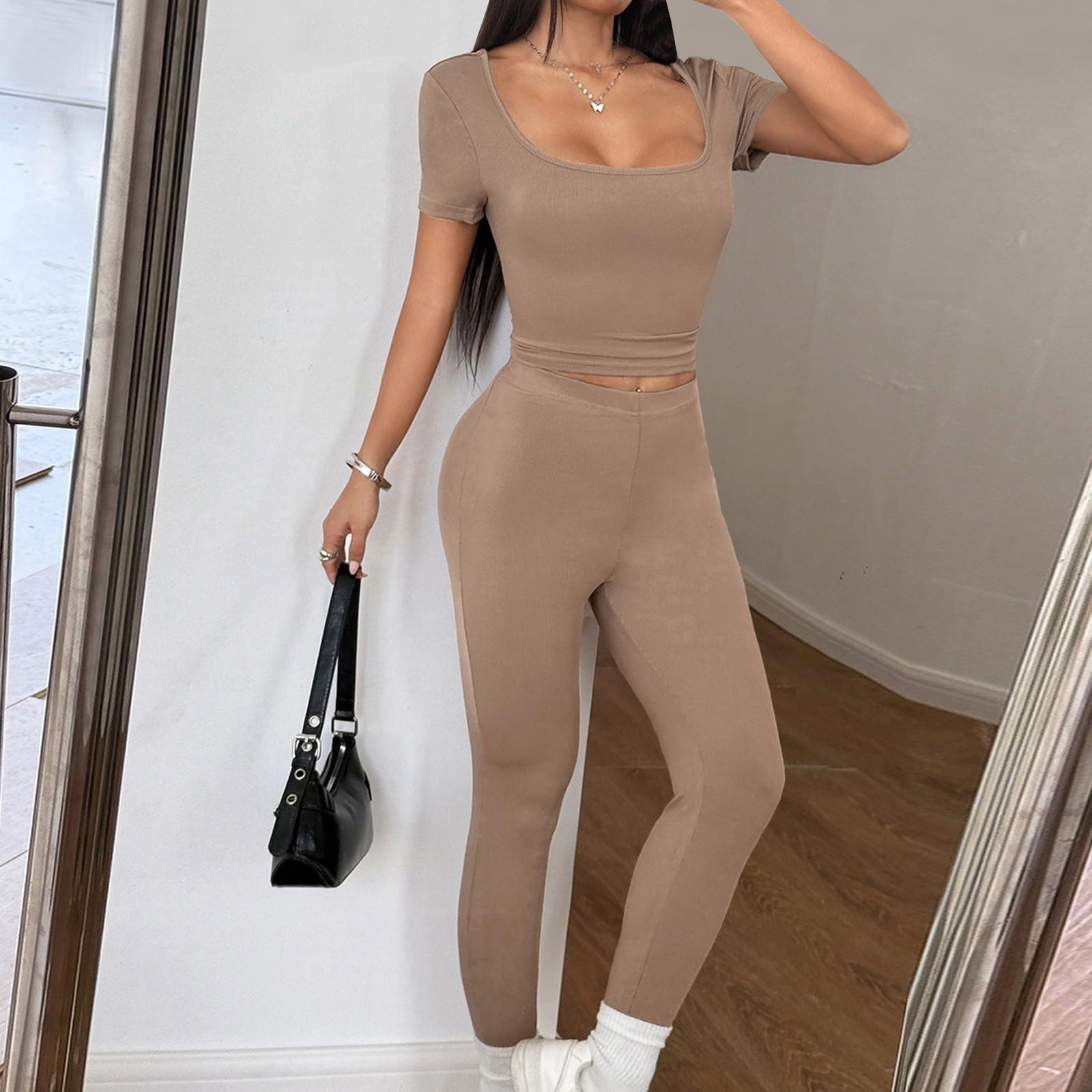 

Женский комплект из двух частей: сексуальный топ с коротким рукавом и штаны для йоги, комплект из 2 предметов S хаки