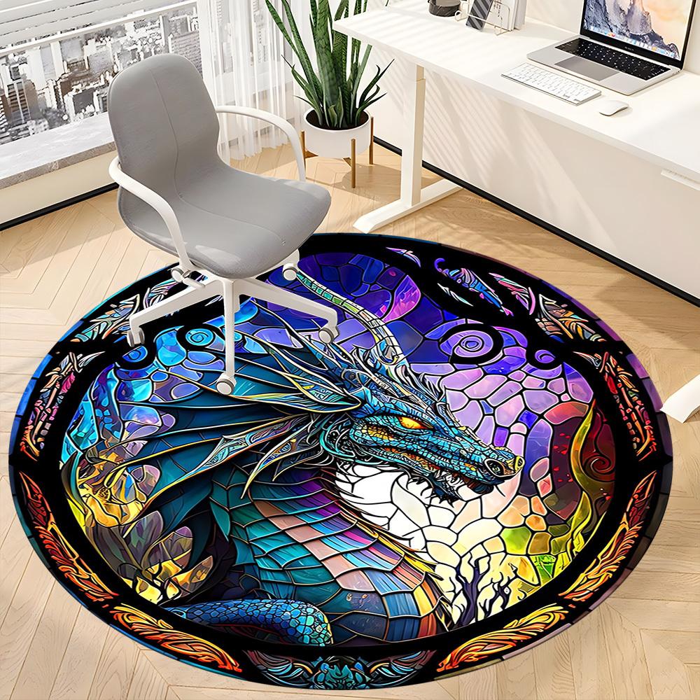 1pc StainedGlass Dragon Office Round Area Rug, Under Office Chairs Bedroom Living Room Home Decor, Room Deco