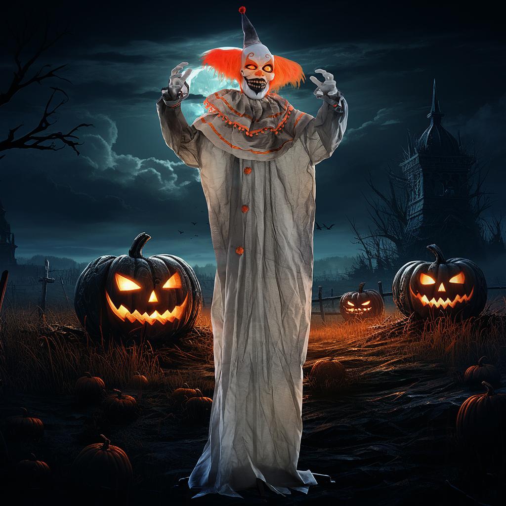 6' Pomarańczowy Klaun Halloweenowy Animatronic, ze Świecącymi Oczami