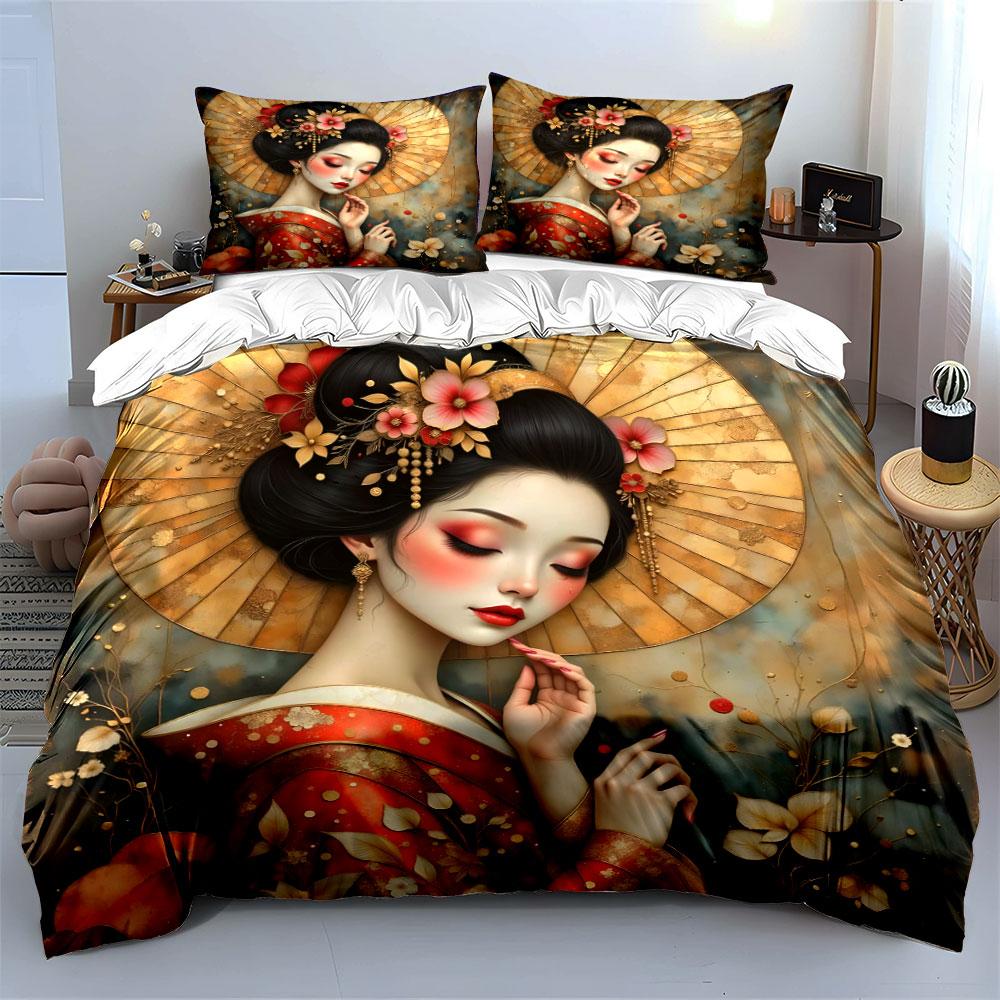 Elegant Geisha with Golden Background Print Bedding Set 1 Duvet Cover 2 Pillowcases for Adult and Children Luxury Gift