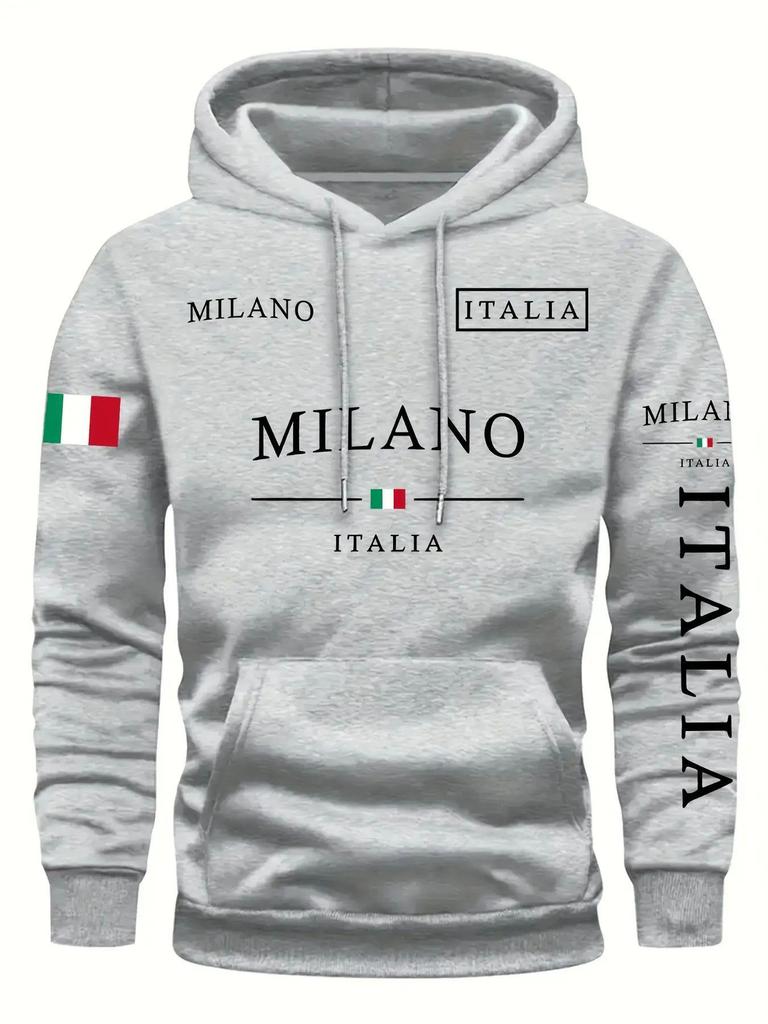 Men's Flag & Letter Hoodie - Fleece Lined Autumn/Winter Trendy Pullover