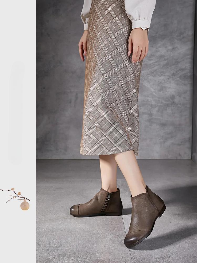 Johnature Retro Stiefeletten Echtes Leder Weiche Sohle Vielseitig Rindsleder Damenschuhe