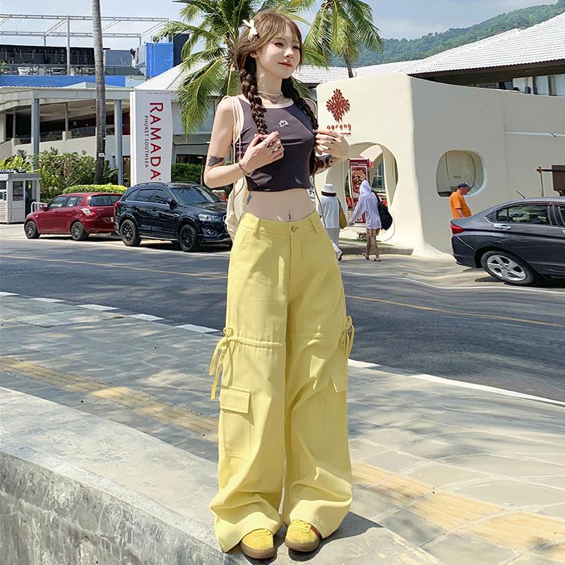 

Женский летний комбинезон с высокой талией и широкими штанинами 2024 года — повседневный свободный крой Small