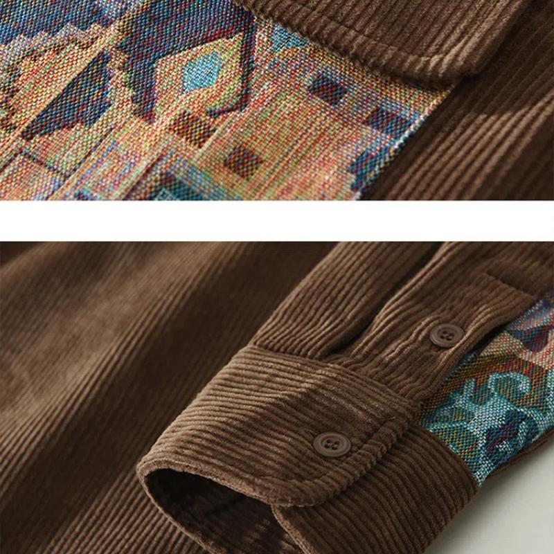 Japanese Retro Style Long Sleeve Shirts for Men Autumn and Winter Corduroy Loose Shirt Casual Pure Cotton Double Pockets Printed Shirts