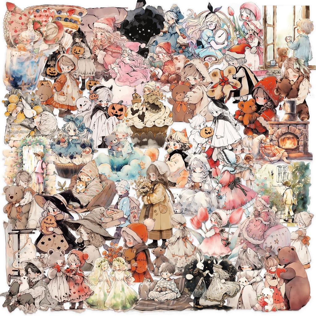 52 Transparent Cartoon Watercolor Fairy Tale Sticker Pack Waterproof Transparent PET Hand Account Decorative Guitar Notebook