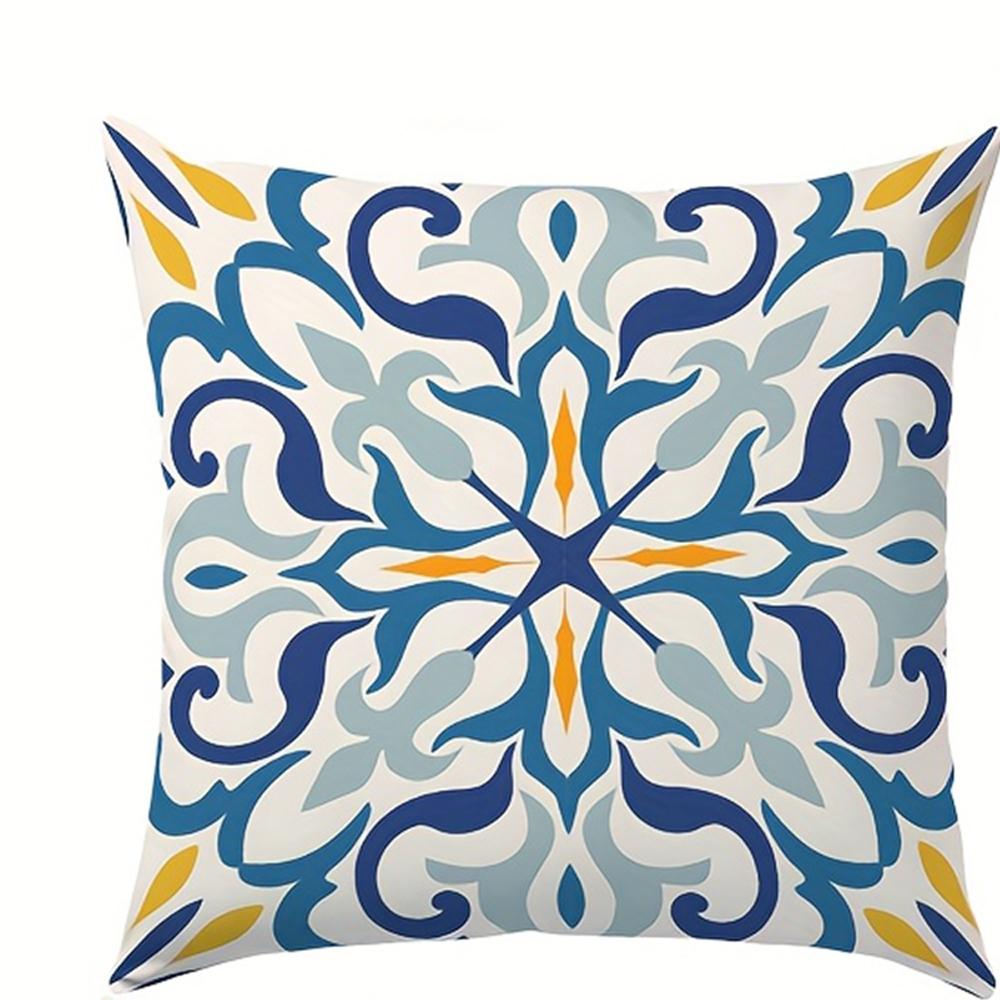 1Pc Mediterranean Blue Yellow Tile Throw Pillow Cover, 2D Double-Sided Print Polyester Pillowcase, Moroccan Geometric Cushion Ca