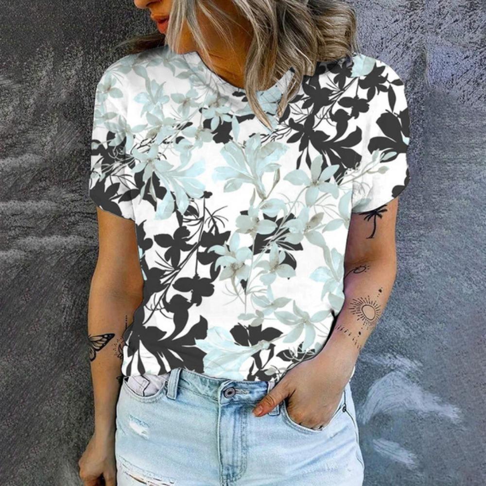 Summer Leisure T-shirt Women's T-shirt Retro Flower Pattern Print Fashion Print T-shirt Elegant Women's Short Sleeved T-shirt