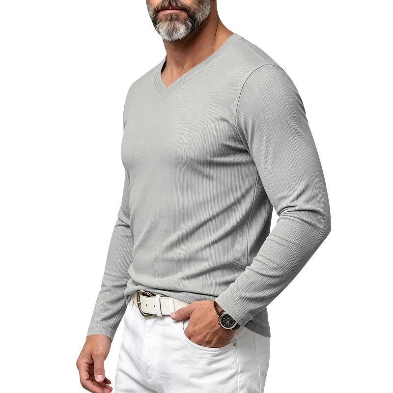 T-shirt da uomo a maniche lunghe con scollo a V a coste verticali, elasticizzata, vestibilità slim, maglia base, maglioni casual da indossare quotidianamente