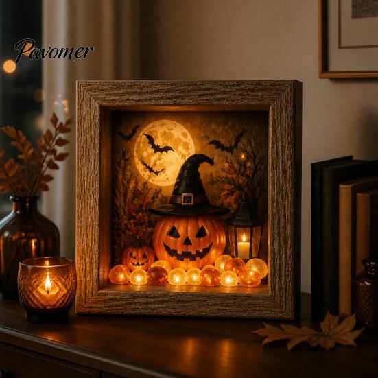 Handmade Halloween Room Decorations DIY Shadow Box Night Light Kit, 8.5 Inch Wooden Frame LED Craft Set with Fall Home Decor Projects Luminous Stones