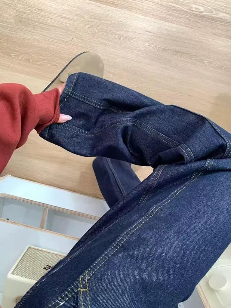 Plus Size Retro Dark Blue Wide-Leg Jeans for Women - Autumn/Winter Drapey Mop Pants