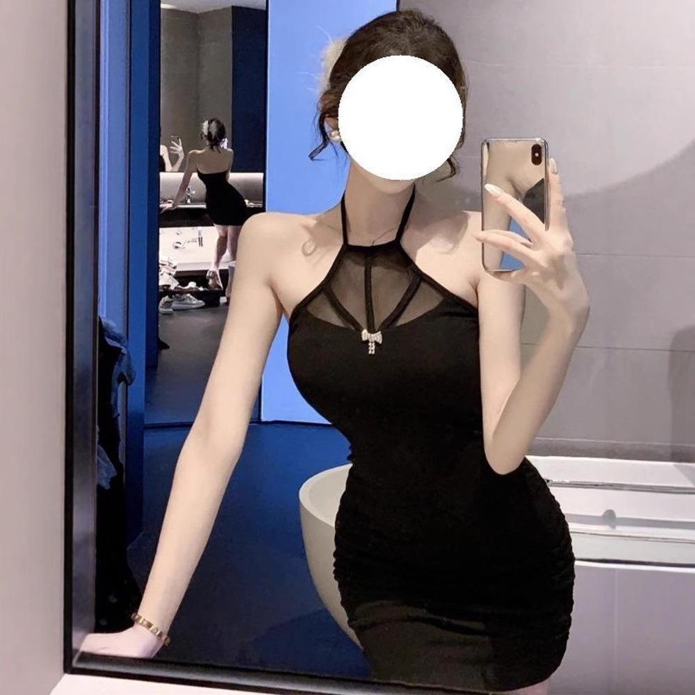 Pure desire sexy royal sister tight hip skirt women's summer new unique mesh splicing Spice Girl chic neck suspender skirt