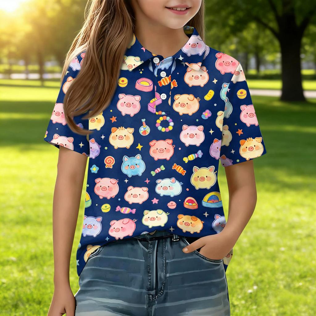 Kids Casual Short Sleeve Polo Shirt Animal Print Lightweight Soft Fabric Breathable Summer Top for Boys Girls