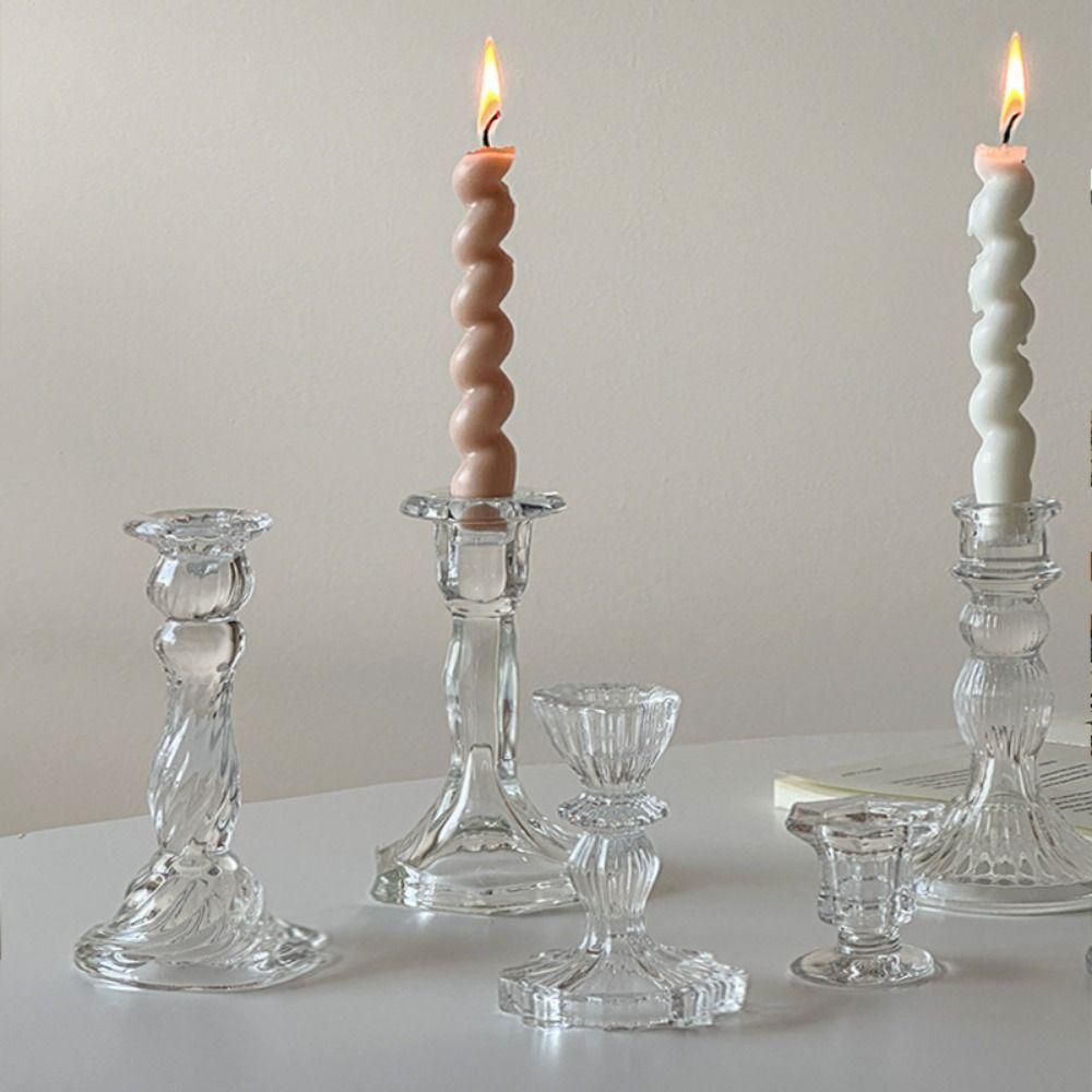 Transparent Glass Candle Holder Romantic Clear Glass Candlestick  Table Centerpiece