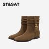 St&Sat/Saturday Autumn/Winter Versatile Fashion Boots Retro Folded Stacked Boots Metal Buckle Strap Thick Heel Short Boots