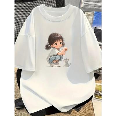 Women's Patterned T-shirt White Short Sleeved Shirt, Cute Anime Design Round Neck Casual Summer Top Cotton Women's Loose Top