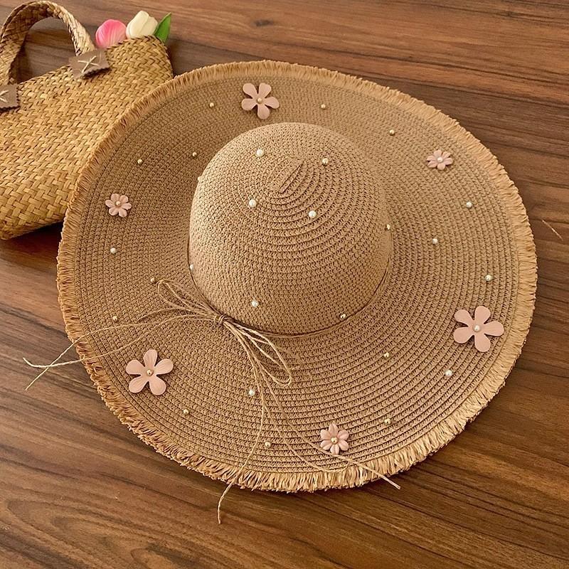 French Lace Bow Summer Wide Brim Hat For Sun Protection Beach Vacation Fans