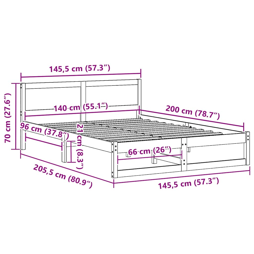 Bed Frame with Headboard White 140 x 200 cm Solid Pine Wood