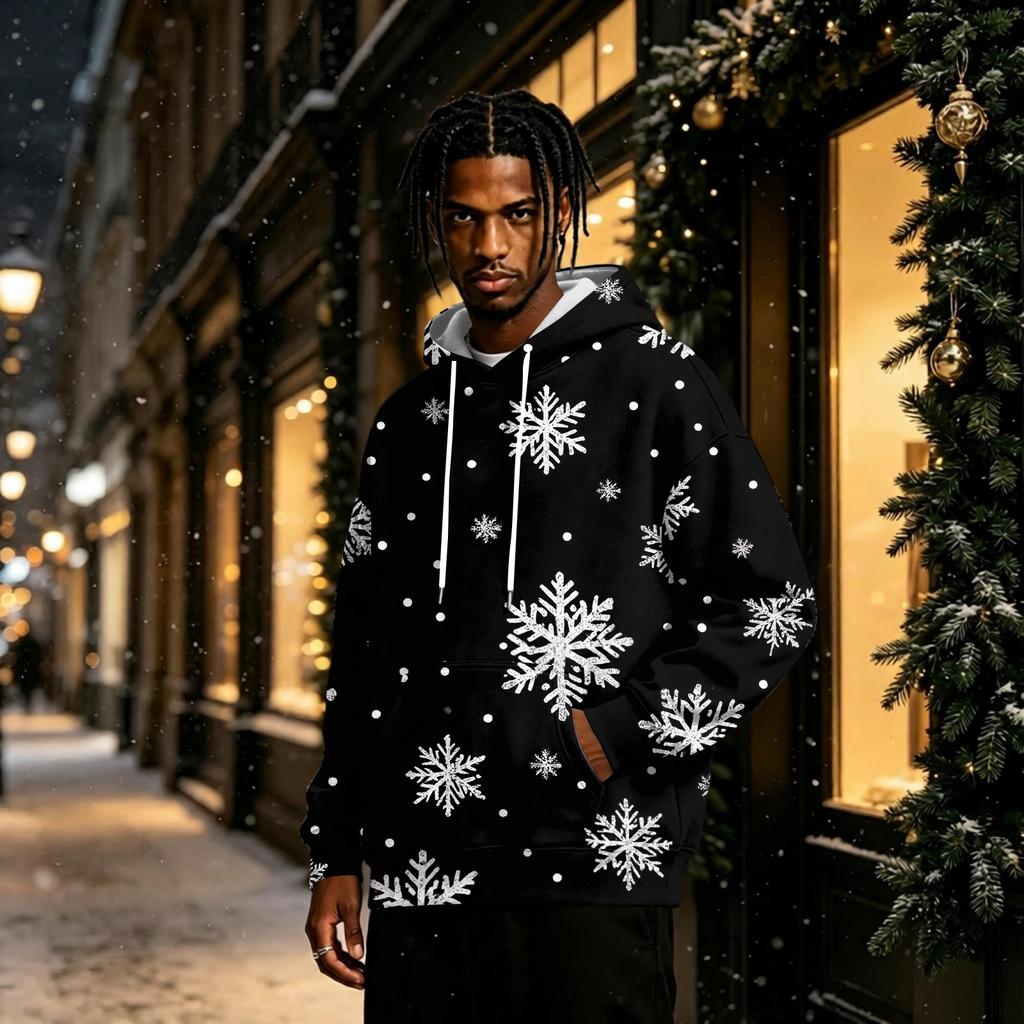 Men's Christmas Print Lined Pullover Hoodie Long Sleeve Sweatshirt