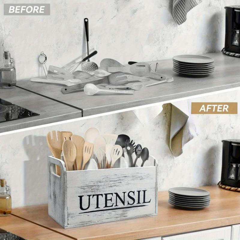 Rural wooden kitchen utensil rack -3-compartment countertop storage for silverware and cooking tools