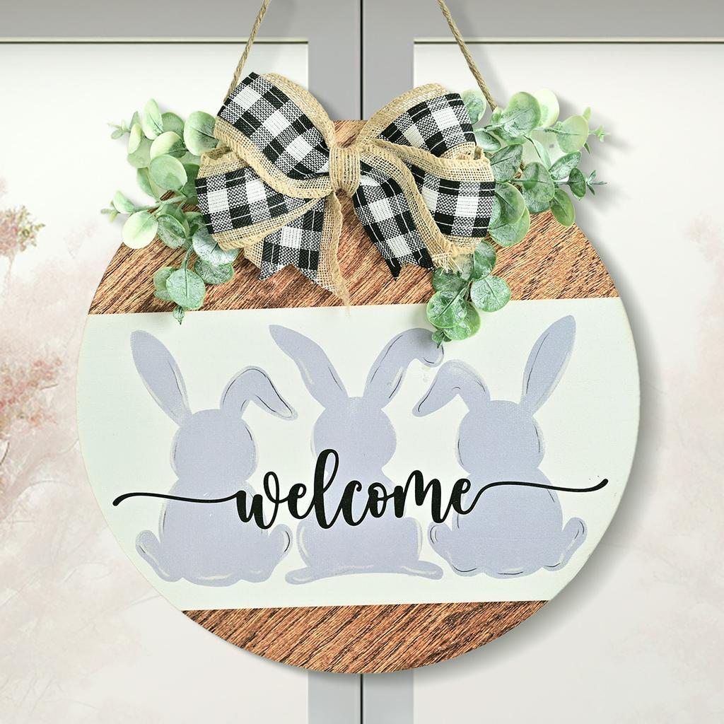 Spring Easter Decorations Easter Bunny Wooden Sign Round Wooden Wreath Pendant with Artificial Flower Decorative Pendant