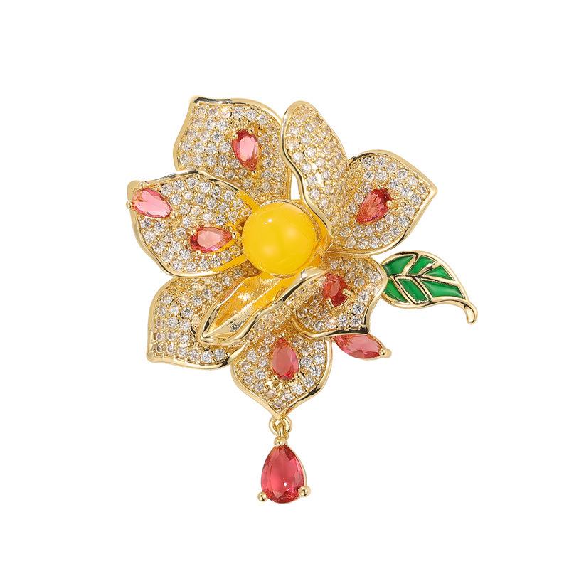 Bo Xin Yun Luxury Camellia Brooch with Zircon and Agate Flower Pin