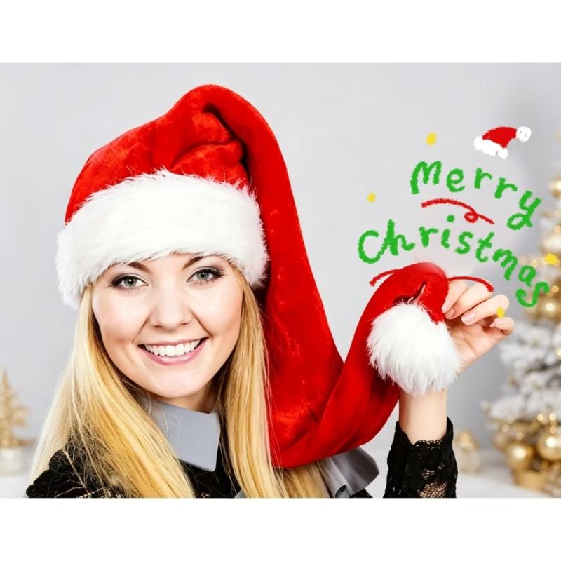 Red Santa Hat with Extended Drooping Shape, Smooth Short-Pile Fabric and White Trim for Holiday Gatherings and Costumes