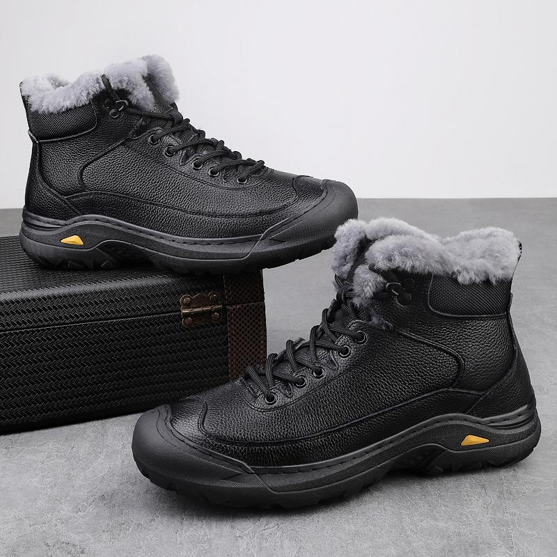 Non-Slip Men Lace-Up High Top Shoes New Genuine Leather Casual Shoes Man Motorcycle Boots Fashion Hiking Winter Plush Snow Botas